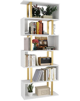 Geometric Bookcase, S Shaped Bookshelf 6-Tier Book Shelves for Bedroom, Modern Wood Decorative Display Shelf Tall Book Case for Home Office, Gold and White