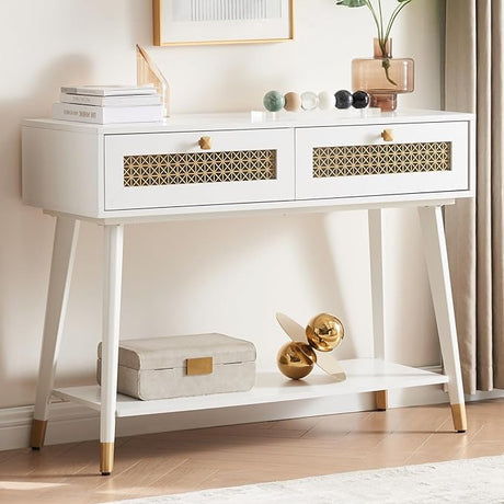 Mid Century Modern Console Table,Boho Wood Sofa Table with 2 Metal Mesh Storage Drawers,