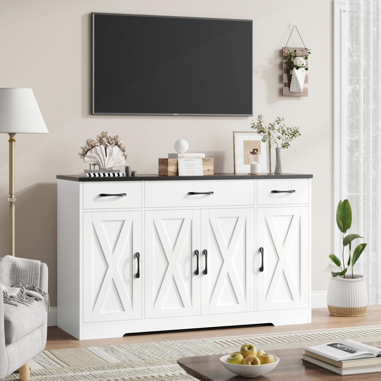 Buffet Sideboard Cabinet with Drawers, 55" Large Buffet Storage Cabinet with Shelves and Doors, Modern Farmhouse Coffee Bar Cabinet Wood Buffet Table for Kitchen, Dining Room, White/Black