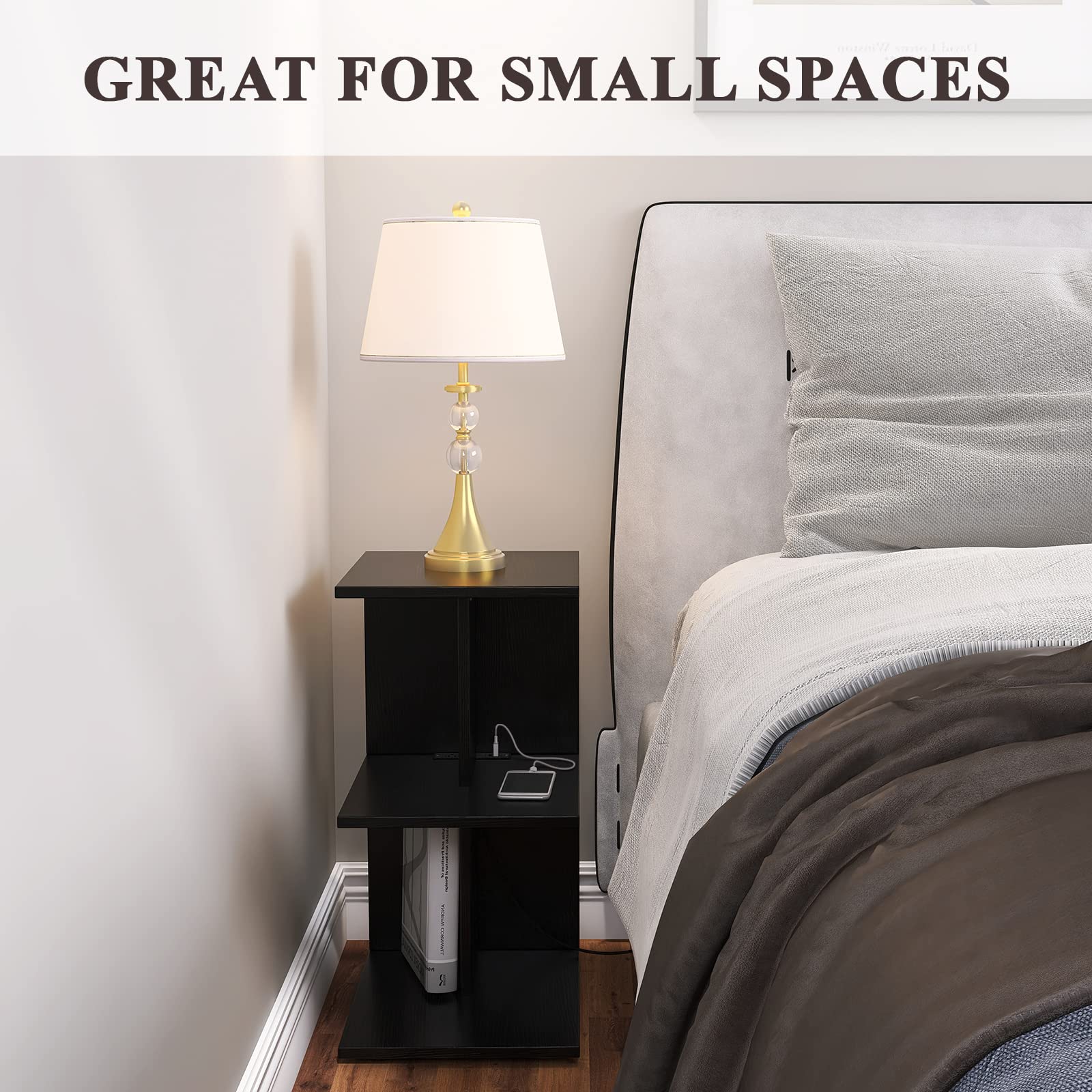 End Table with Charging Station, Narrow Side Tables for Small Spaces USB Ports