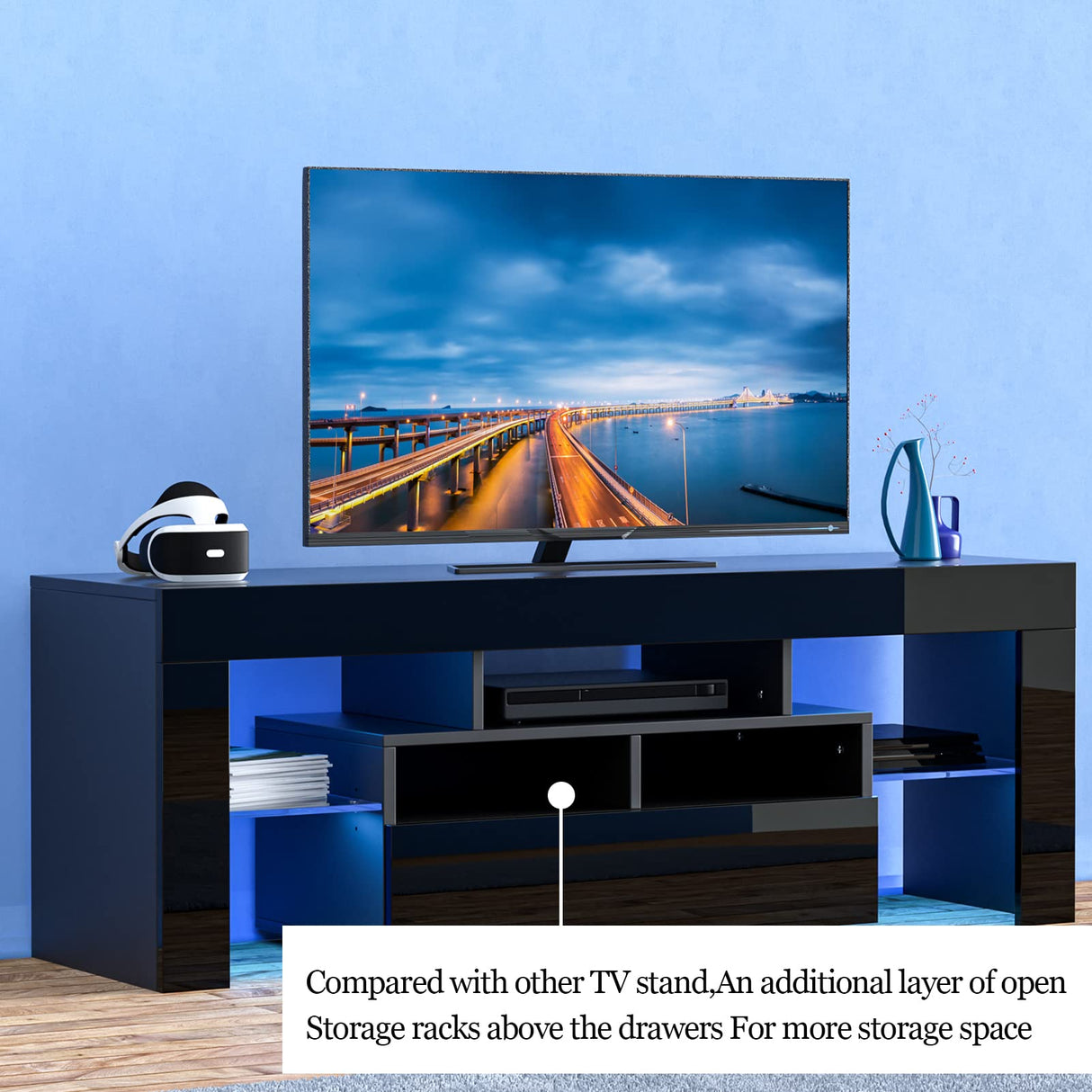 LED Black TV Stand for 50/55/60inch TV,Modern Entertainment Center with Storage