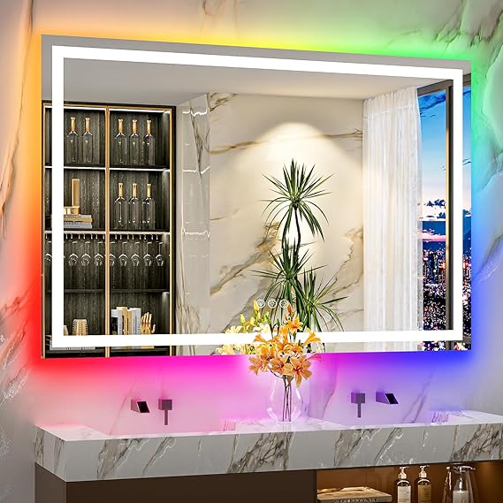 60x40 Inch LED Bathroom Mirror with Lights (Front Lit and Backlit) Black Framed Lighted