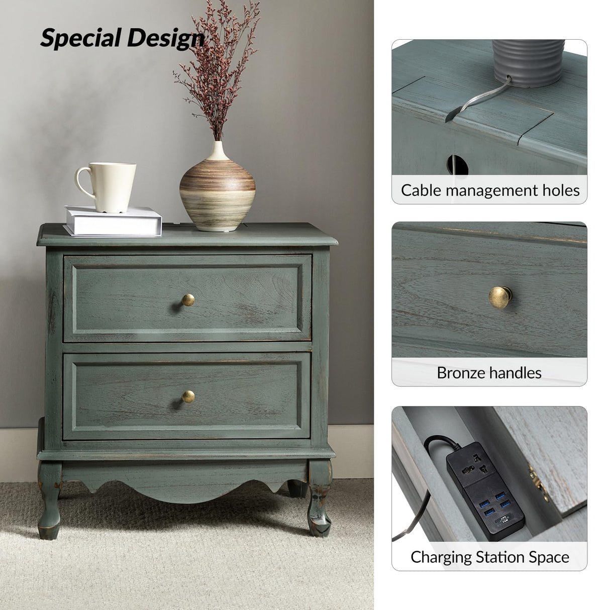 Wood Nightstand with Charging Station Space, Bedside Table 2 Drawer Dresser