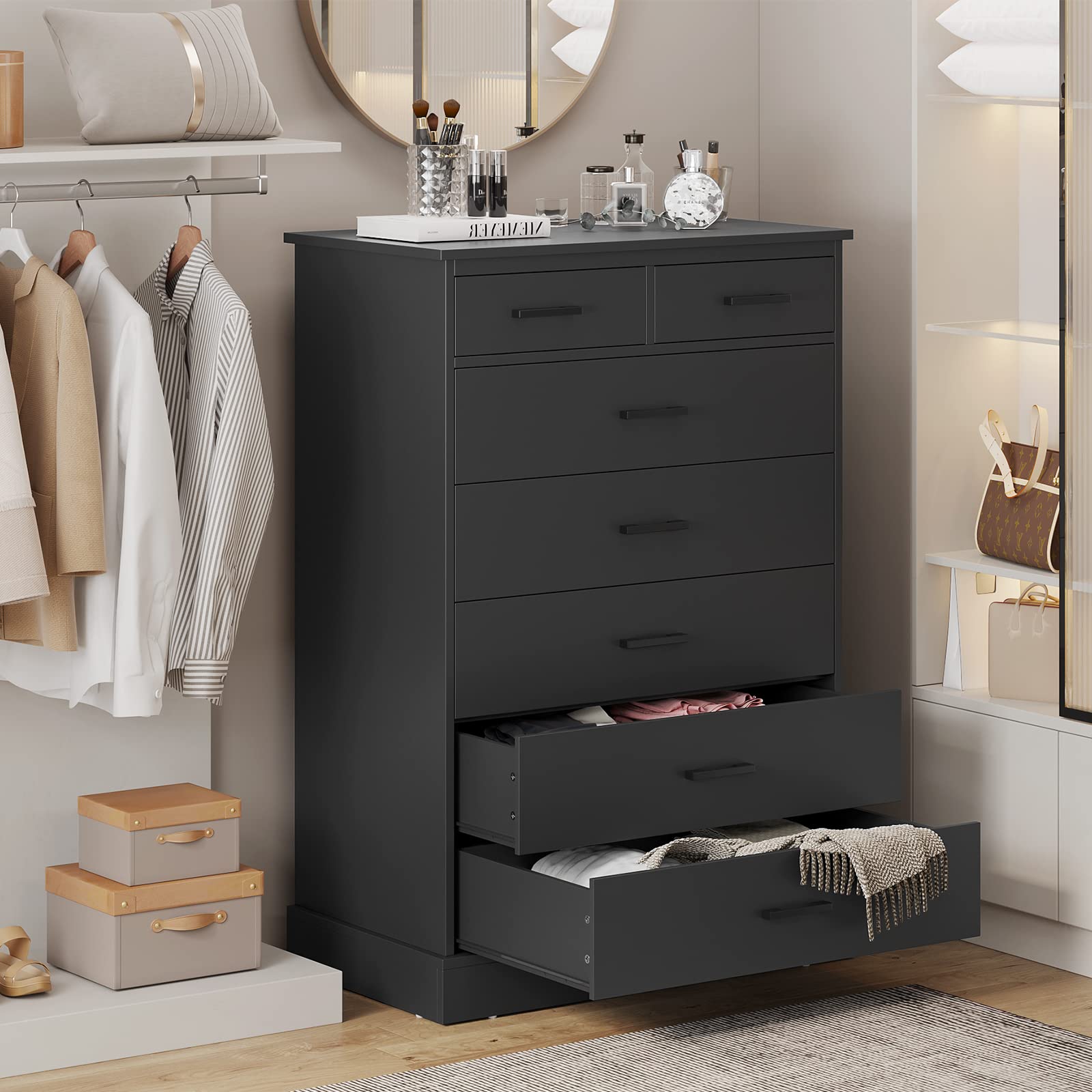 Black Dresser for Bedroom, Tall 7 Drawer Dresser with Sturdy Base