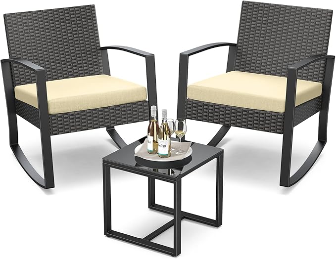 Qsun 3 Pieces Patio Furniture Set Rocking Bistro Set Outdoor Rattan Conversation