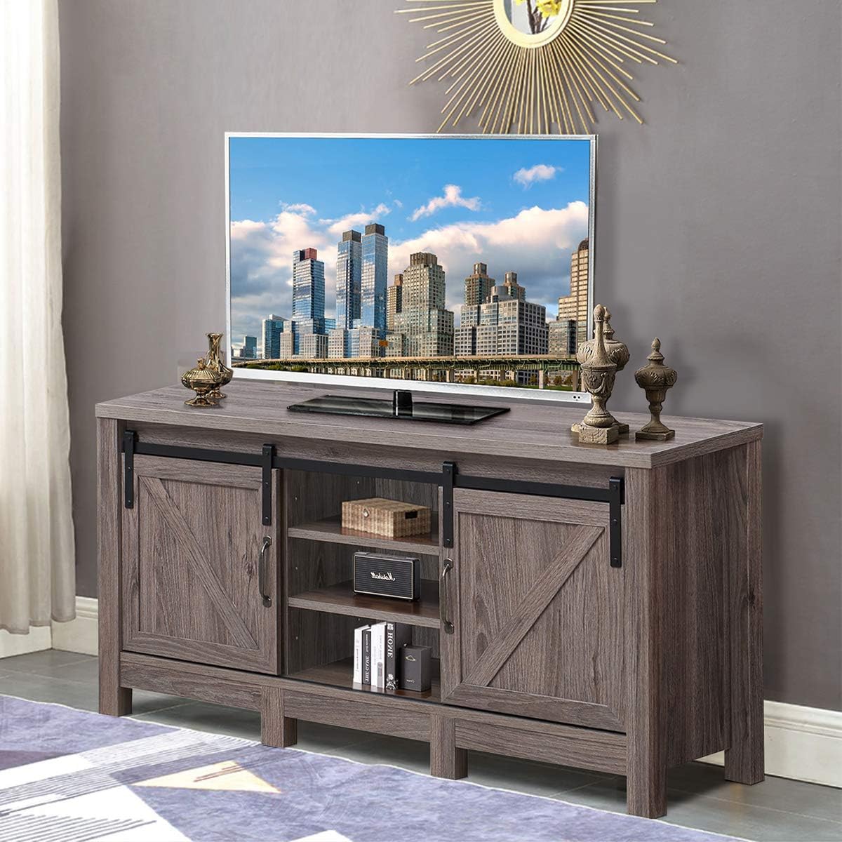 TV Stand with Sliding Barn Doors, Modern Farmhouse Wood Entertainment Center