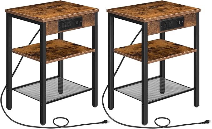 Black Nightstand, Bedside Table with Charging Station, Small End Table with USB Ports