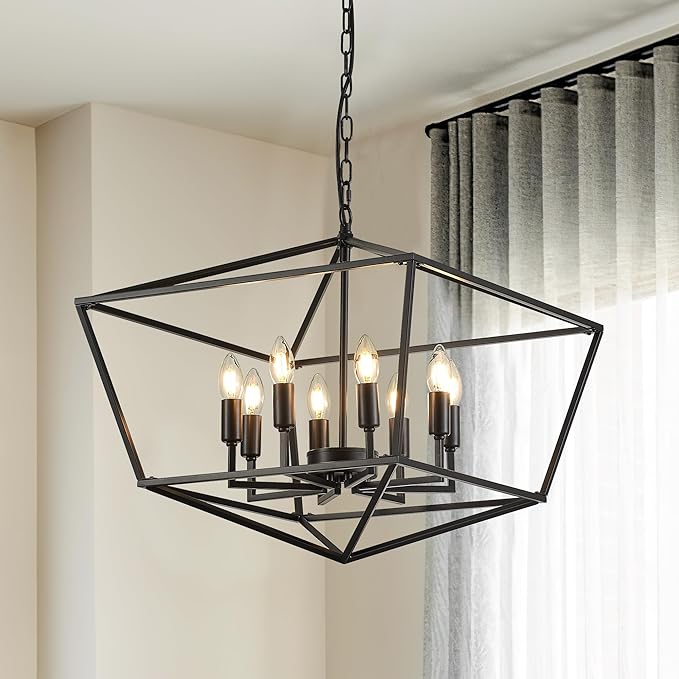 8-Light Black Metal Chandelier for Dining Room, Modern Farmhouse Geometric Industrial