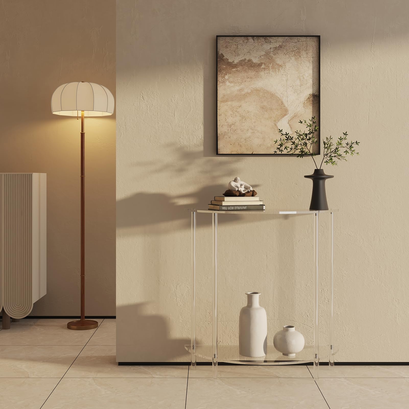 2-Tier Acrylic Console Table - Half Moon Entryway Table with Storage Shelf