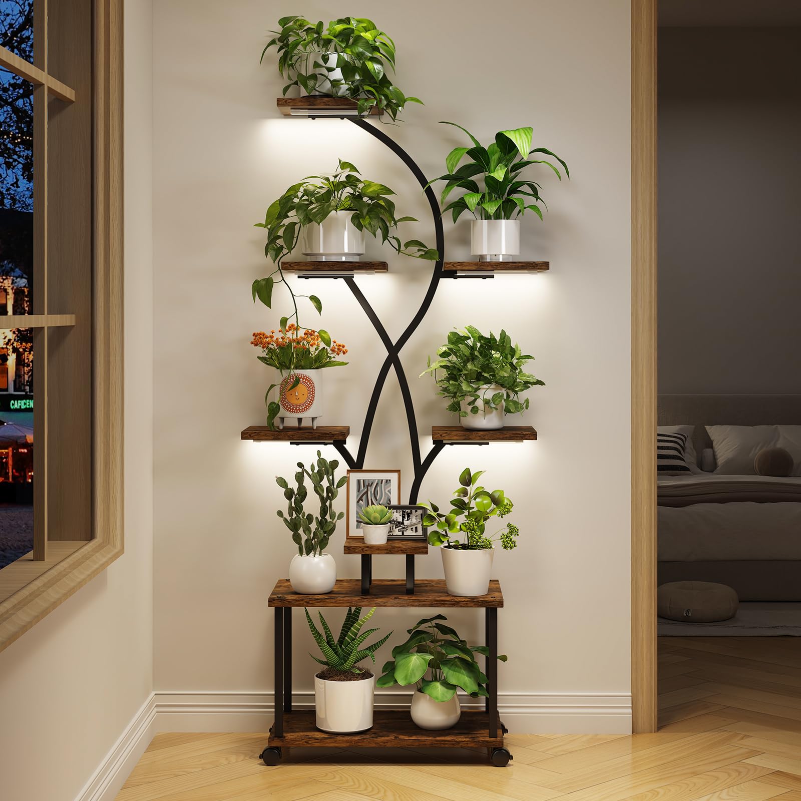 Plant Stand Indoor with Grow Lights, 8-Tiered Large Metal Plant Shelf with Wheels