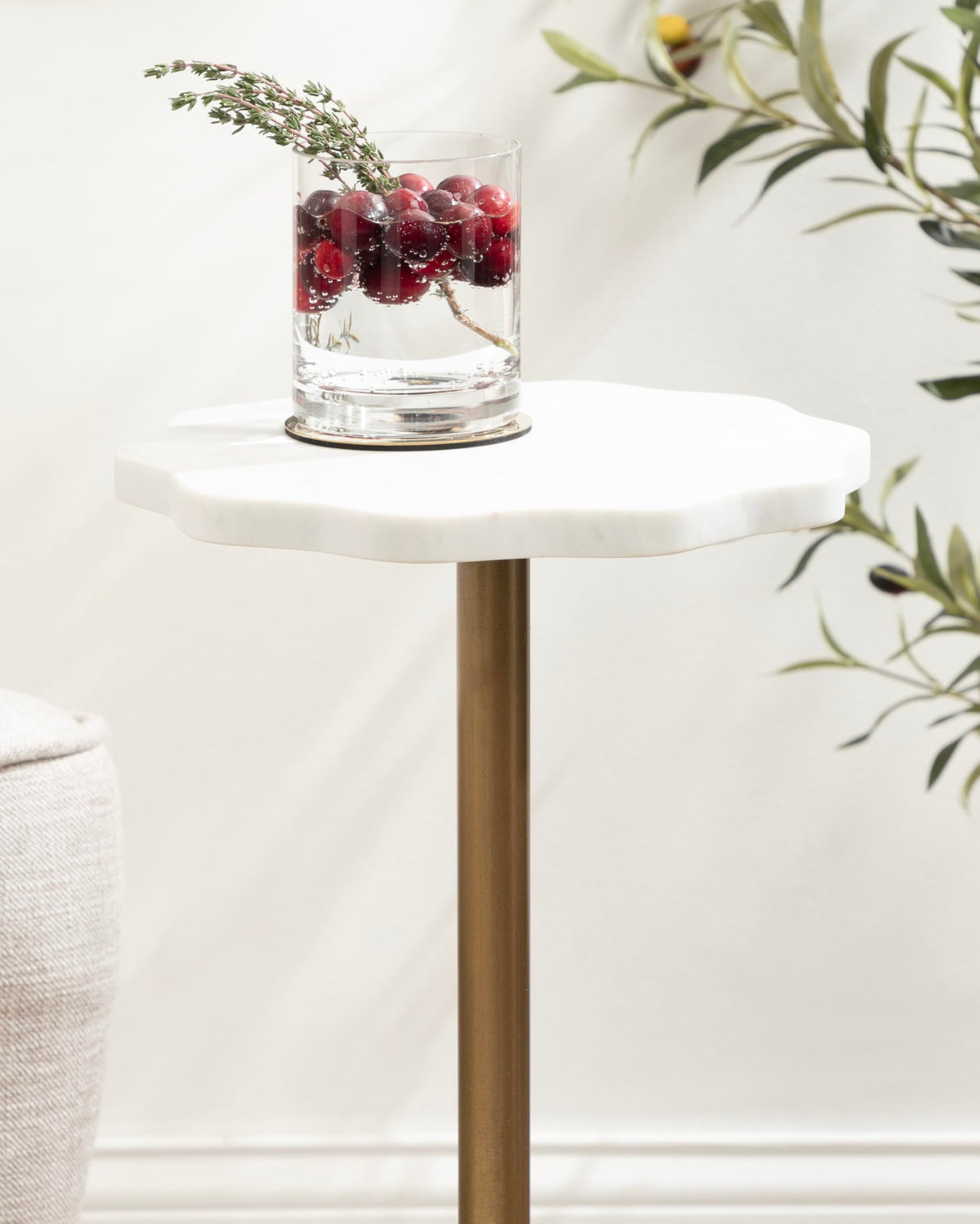 Modern Pedestal Drink Table, 10 x 10 x 23, Antique Brass and White, Decorative End Table