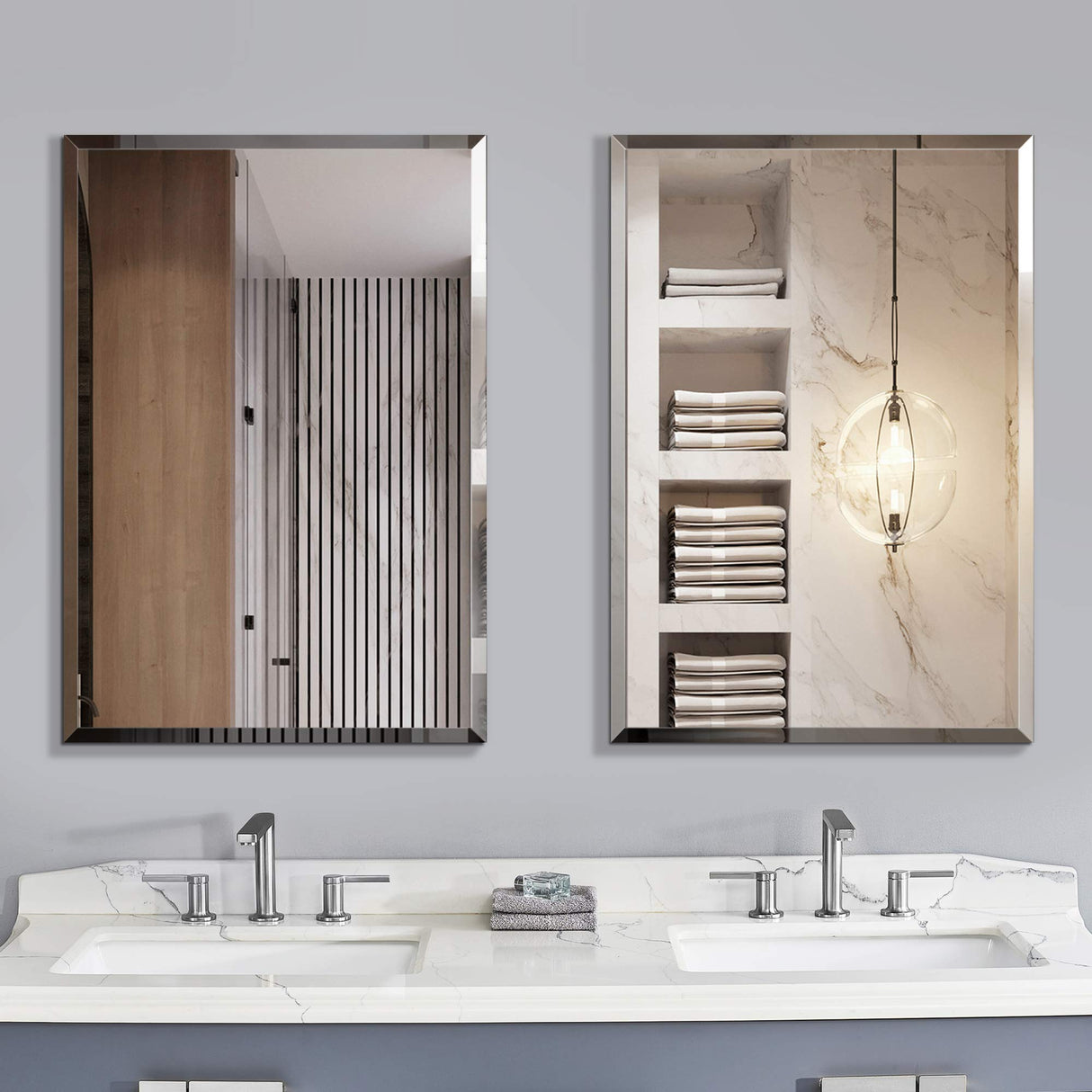 Premium Large Frameless Wall Mirror with Streamlined 1 Inch Bevel and with Solid Wood