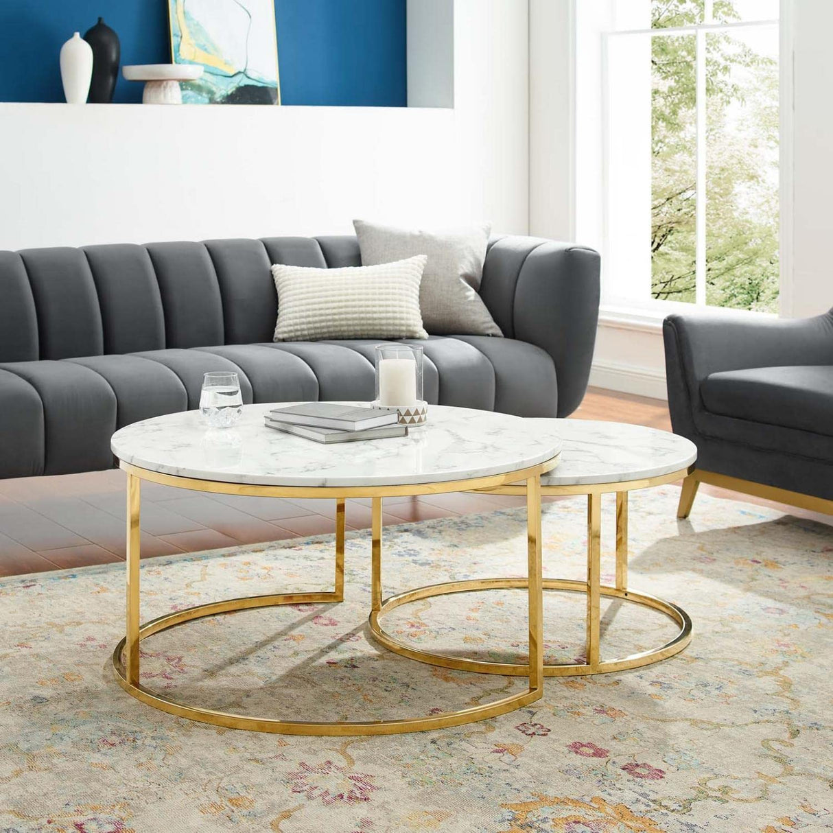 Ravenna Artificial Marble Coffee Table in Gold White, 35.5 x 35.5 x 18