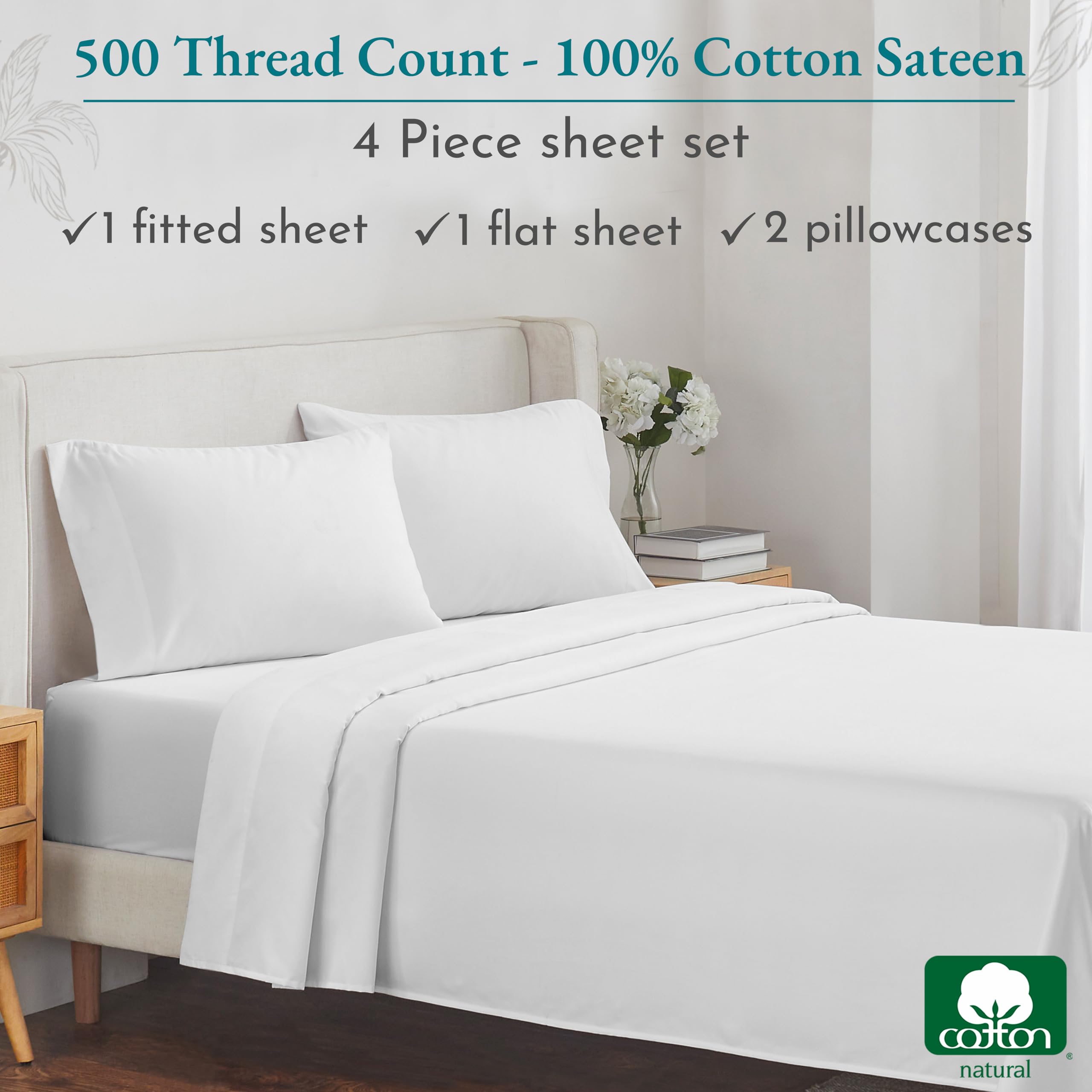 California Design Den 4 Piece Full Size Sheet Set - 100% Cotton 500 Thread Count, Cooling Deep Pocket Bed Sheets with Fitted Elastic Sheet, Extra Soft Luxury Hotel Quality - Pure White