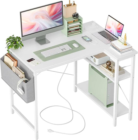 Small Computer Desk with Power Outlets, 40 Inch L Shaped Desk with Reversible Shelves