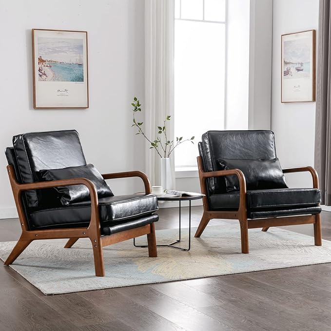 Modern Accent Chair Set of 2 Living Room- Comfy Solid Wood Arm Chair with Lumber Pillow Lounge Decorative Brown Leather Office Side Chair Bedroom Reading Nook Sillas De Sala Microfiber