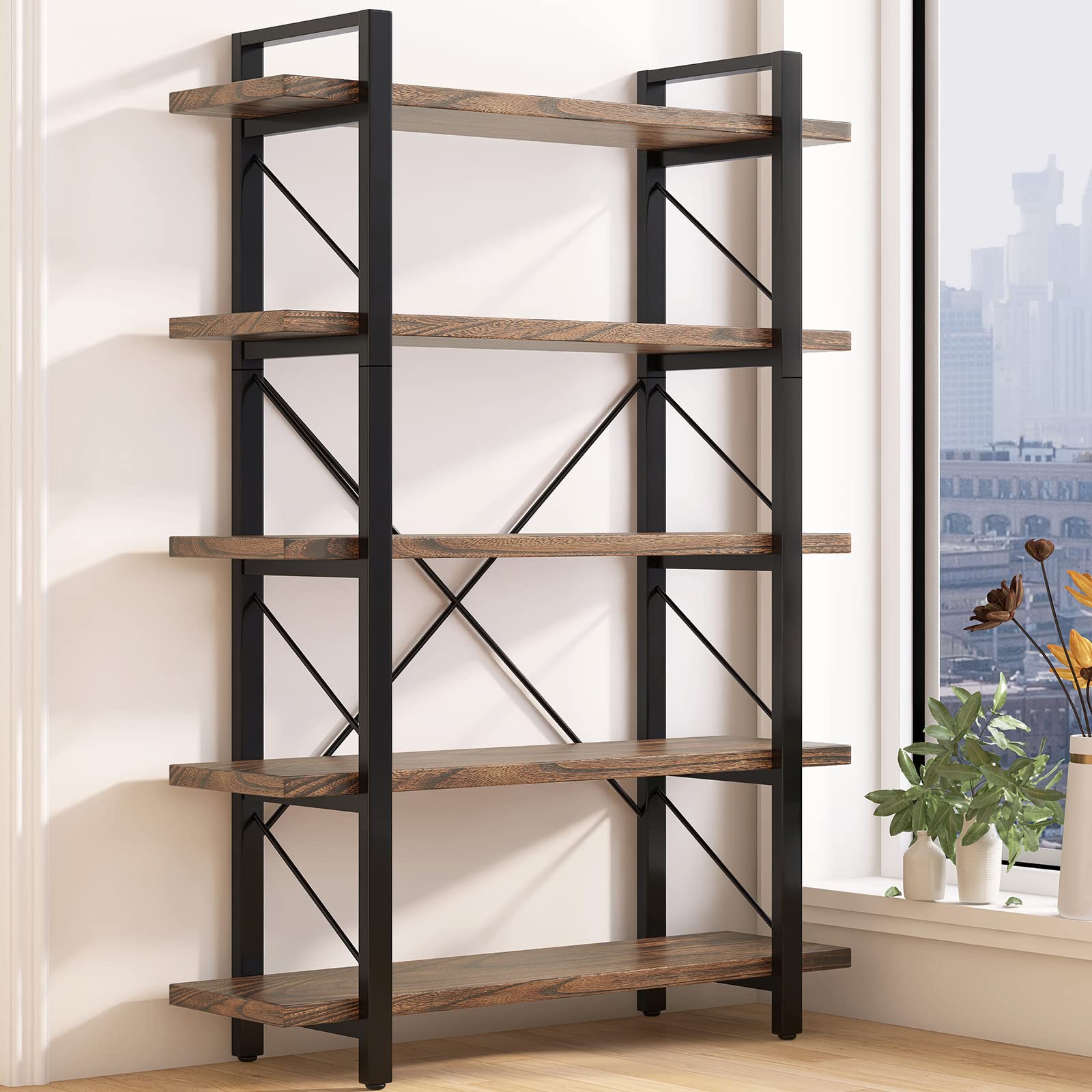 5-Tier Bookshelf Large Etagere Book Shelves,Industrial Style Bookcase and Book Shelves,Open Large Real Wood Bookshelfs,Retro Brown for Living Room Office, Retro Brown (LZ01-5tier-PLUS)