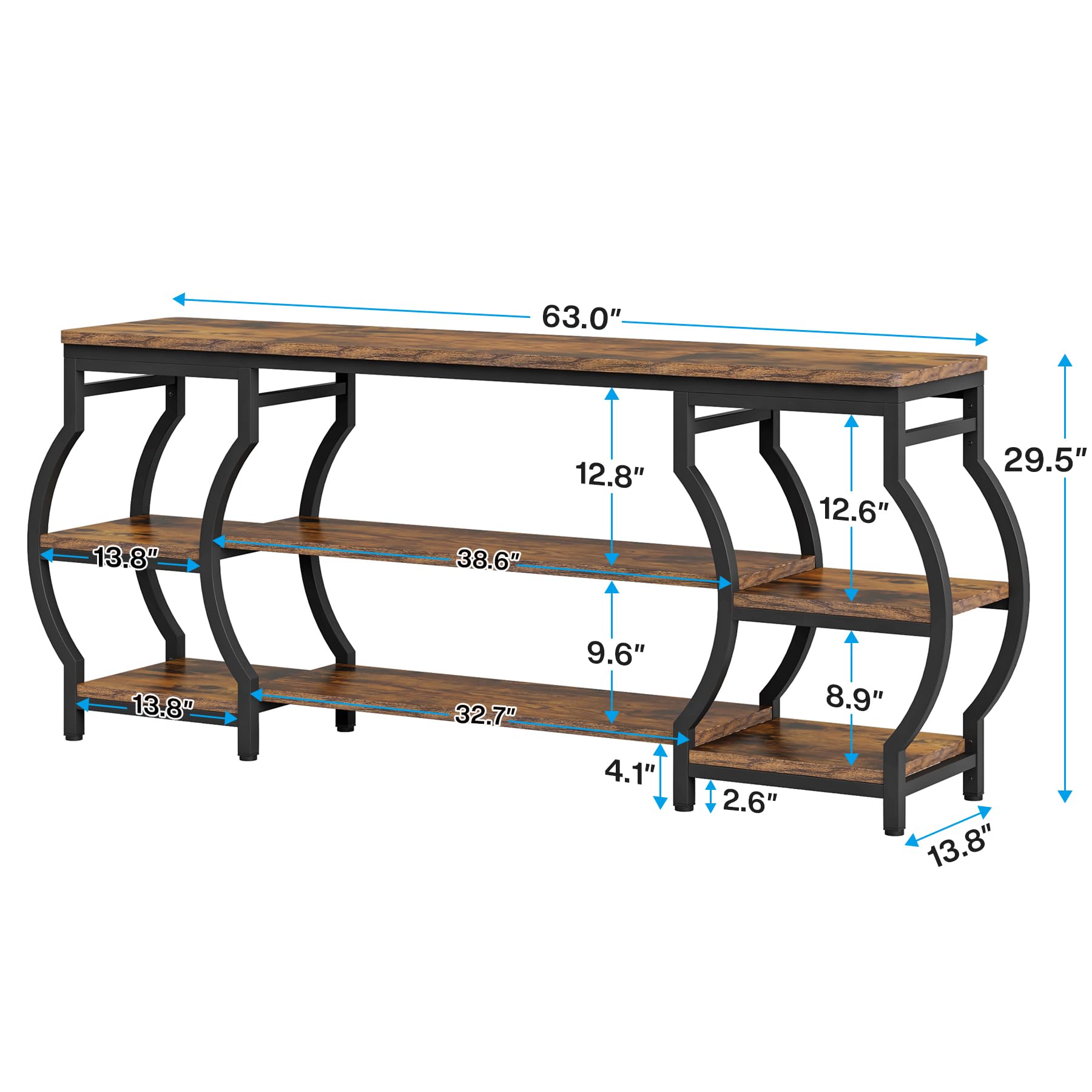 63” Long Console Table, 3 Tier Entryway Table with Storage Shelves, Industrial Sofa Table