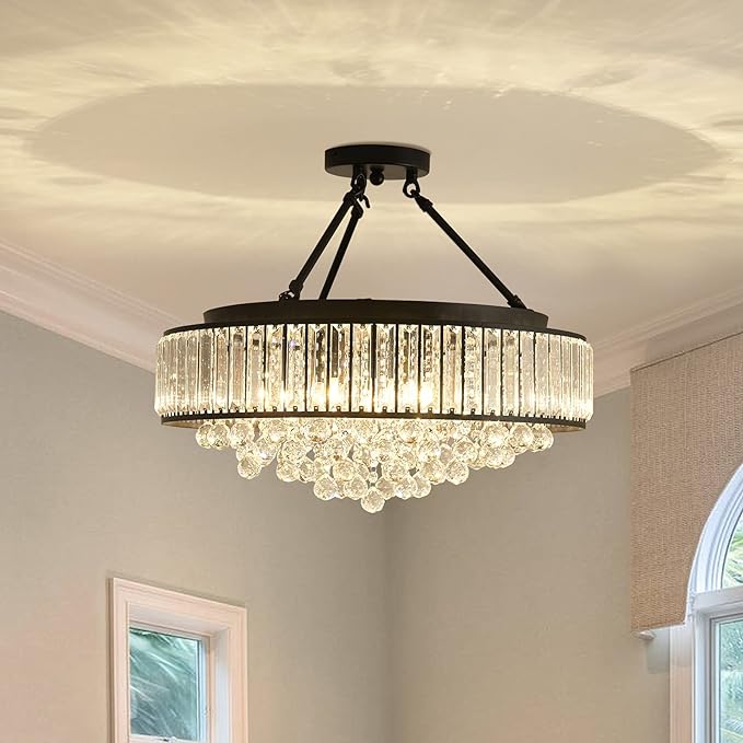 6-Light Modern Large Crystal Chandelier Gold Metal E26 Semi Flush Mount Round Ceiling