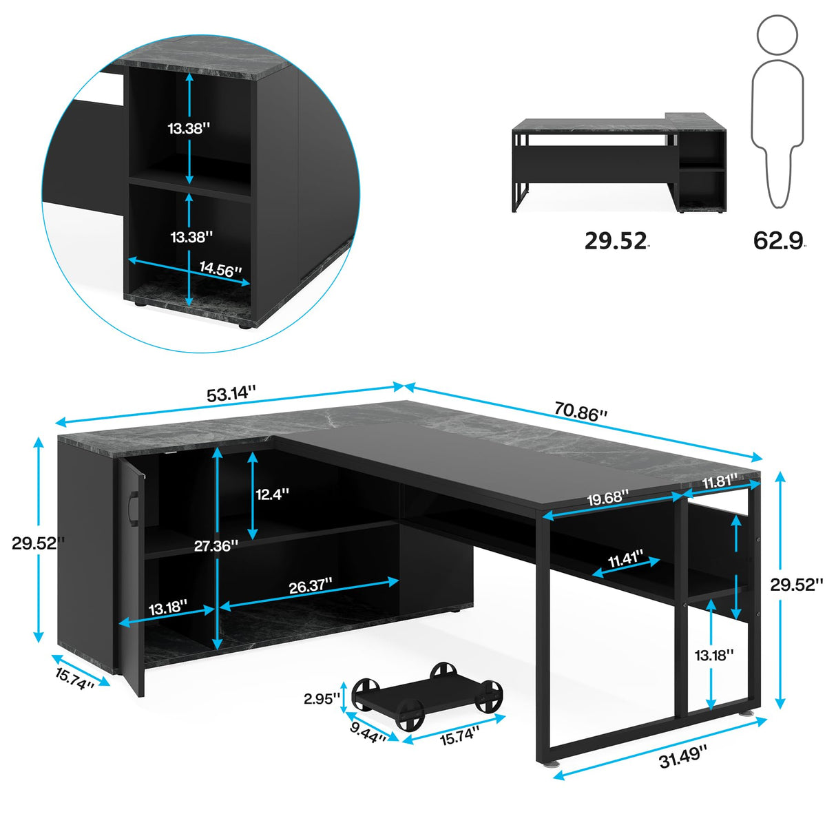 Office Desk with Drawers,55 inches L Shaped Computer Desk with Storage Shelves