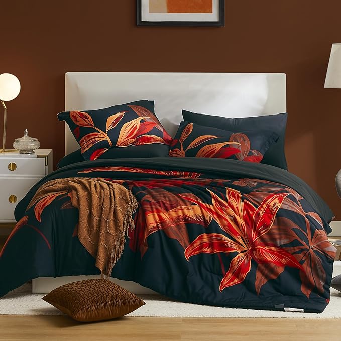 Twin Comforter Set, 5 Pieces Black and White Floral Comforter Set