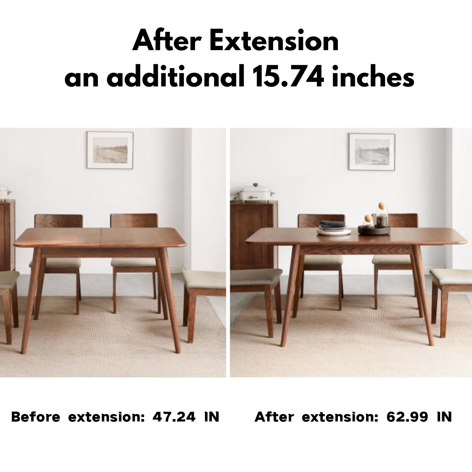 Grewood Extendable Dining Table - 100% Natural Oak Wood Telescopic Dining Table for 6-8 - Modern Dining Table with 47.24-63inch for Kitchen Room,Dining Room,Apartment (Walnut Color)