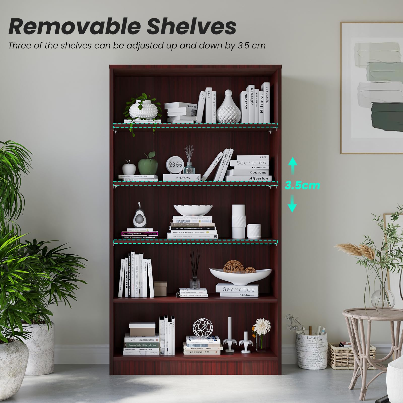 Farini 5 Shelf boockase Display Bookcase Freestanding Wooden Bookshelves for Home Office Living Room,60 Inch Height,Mahogany