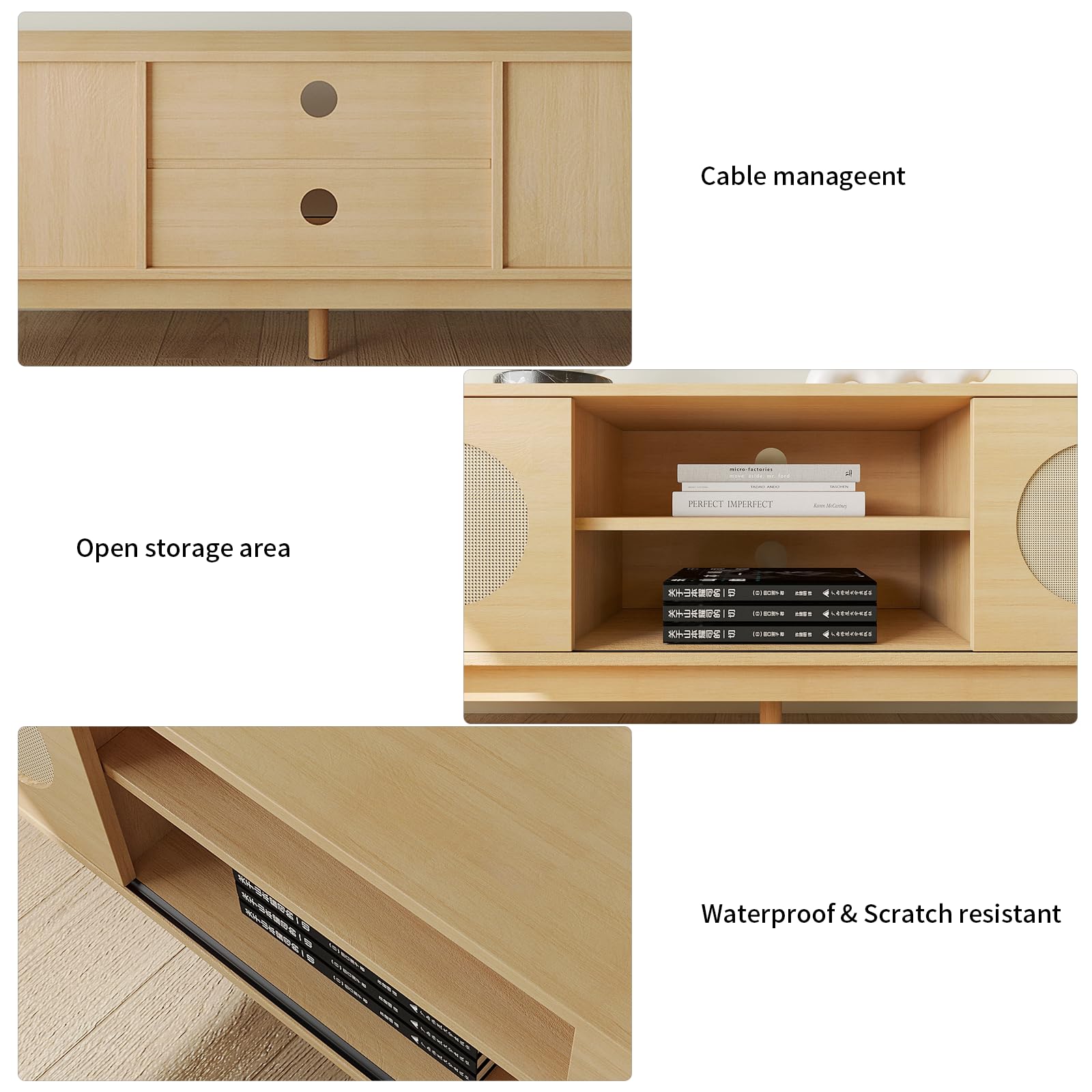 Farmhouse Rattan TV Stand for 55/60/65 inch TV, Modern Entertainment Center with Natural