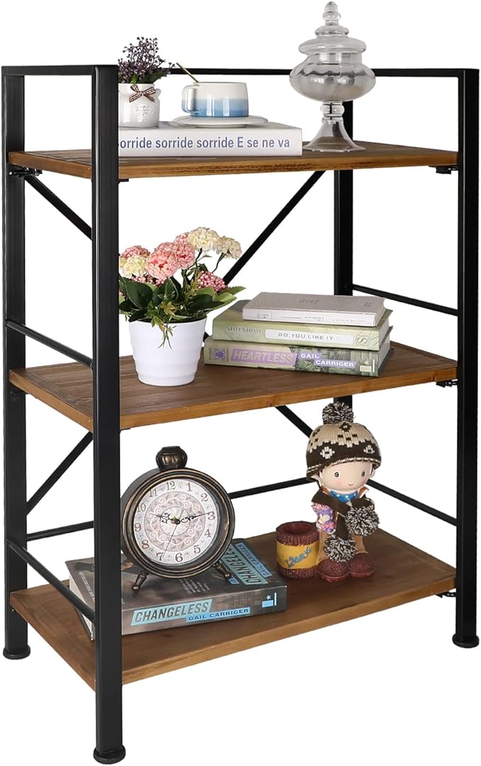 Rustic Bookshelf, 3 Tier Real Wood Bookshelf, Metal Book Shelf for Storage, Black Bookcase, 12.6" D x 23.62" W x 36.61" H