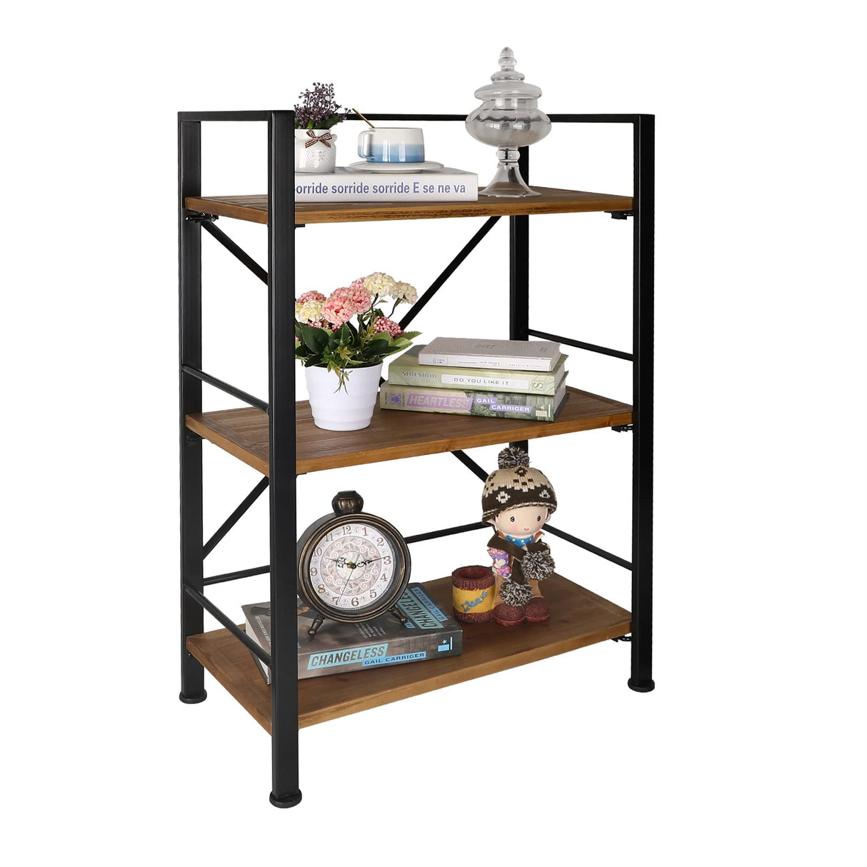 Rustic Bookshelf, 3 Tier Real Wood Bookshelf, Metal Book Shelf for Storage, Black Bookcase, 12.6" D x 23.62" W x 36.61" H