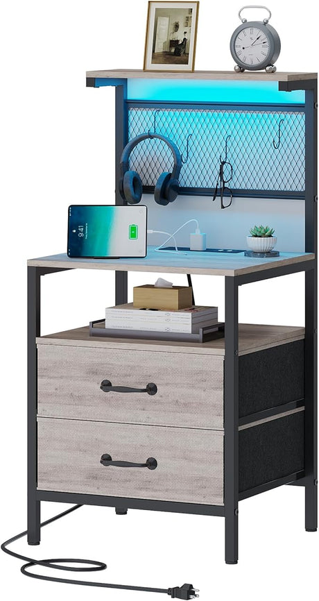 Tall Nightstand with Charging Station and LED Lights, Night Stand with Fabric Drawers,