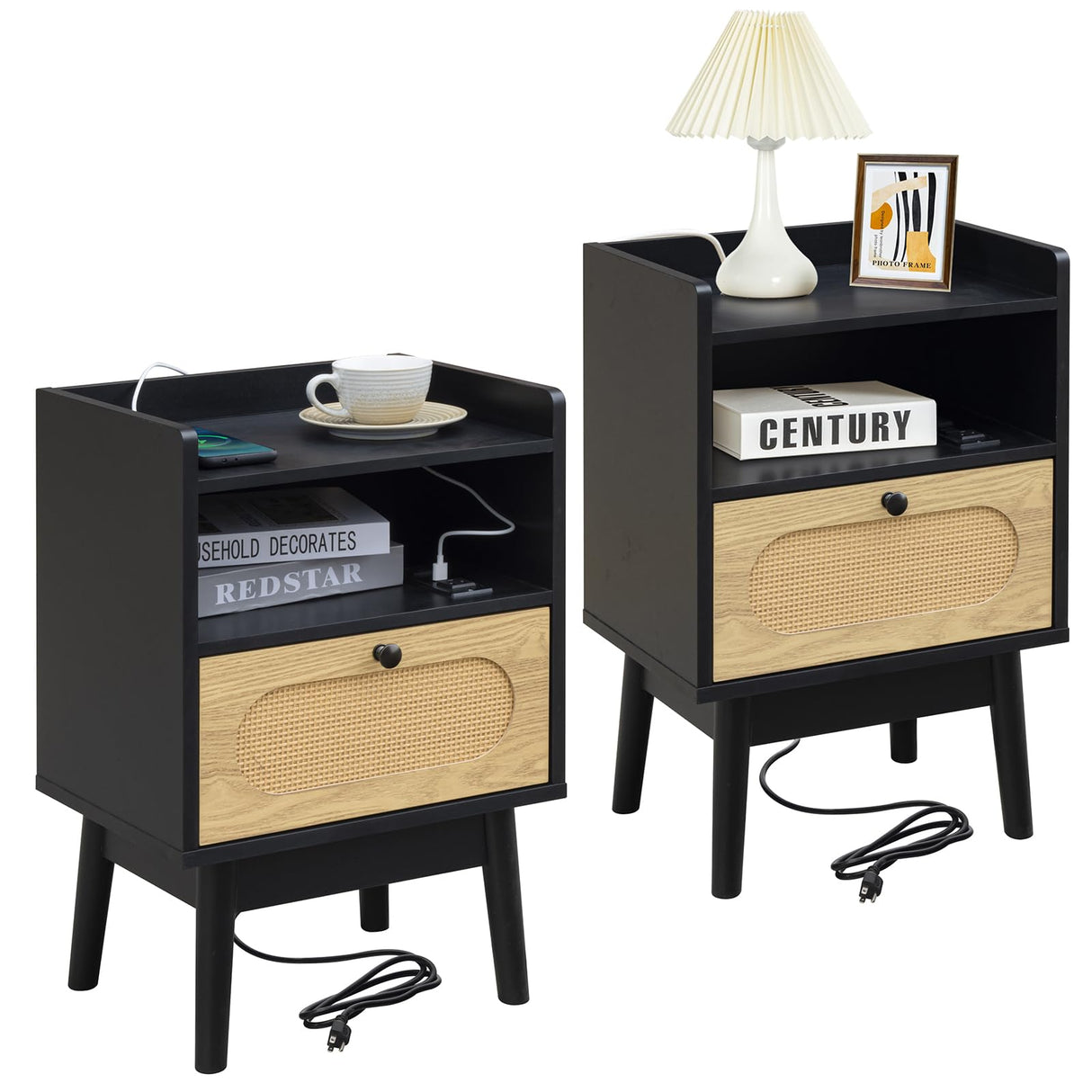 Rattan Nightstand Set of 2, Bedside Table with Charging Station, Modern Night Stand