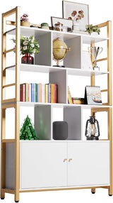 Gold and White Bookshelf with Doors, 4 Tier 39.4in Wide Heavy Duty Bookshelves