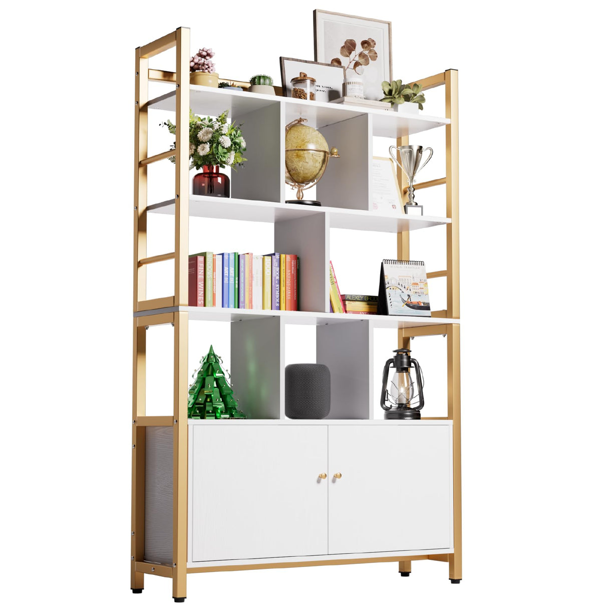 Gold and White Bookshelf with Doors, 4 Tier 39.4in Wide Heavy Duty Bookshelves