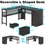 L Shaped Desk with Storage Cabinets, Reversible Home Office Corner Desk