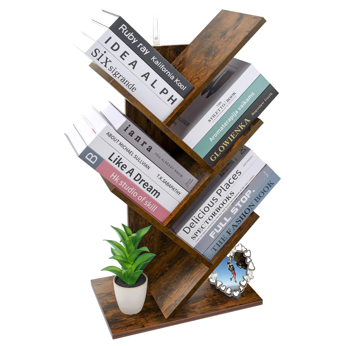 4 Tier Tree Bookshelf, Retro Floor-Standing 4 Shelf Bookcase Storage Rack, Wooden Storage Rack Modern Bookshelf, Put Books, Photo Albums, Magazines, CD（Rustic Brown）