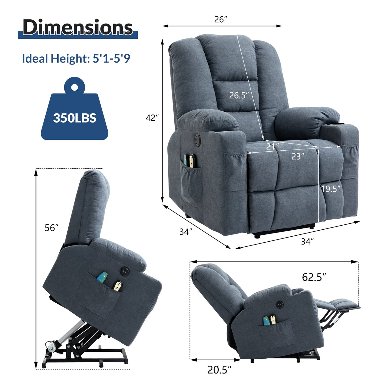 SOCIALCOMFY Power Lift Recliner Chair for Elderly, Heavy Duty Lift Chair with Heat and Massage, Soft Fabric Recliner Chair with 2 Remote Controls, Cup Holders, Side Pockets & USB Ports (Blue)