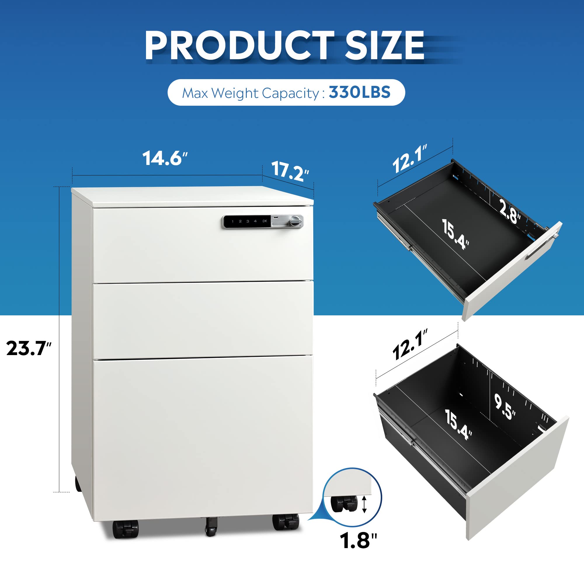 3-Drawer Mobile File Cabinet with Smart Lock,