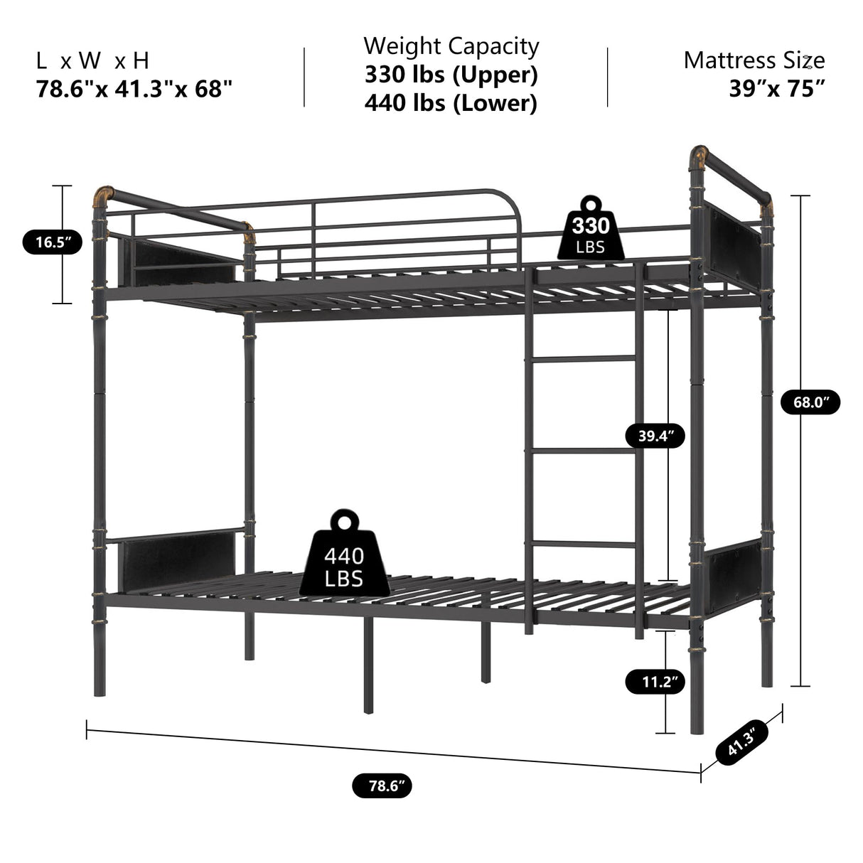 2 IN 1 Metal Bunk Bed Twin Over Twin, Convertible Twin Bunk Beds into 2 Individual