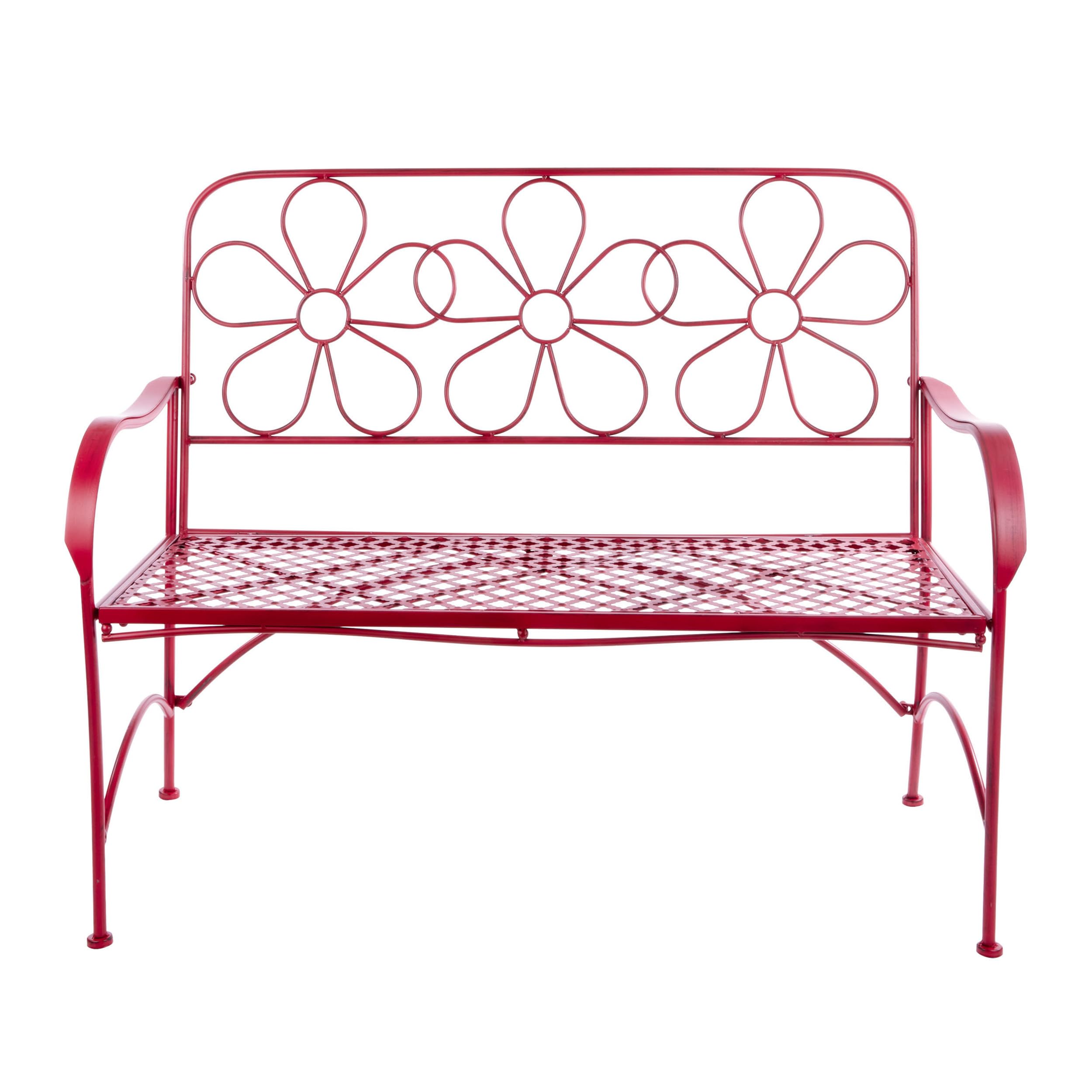 45" L Indoor/Outdoor 2-Person Metal Garden Bench with Daisy Backrest, Red