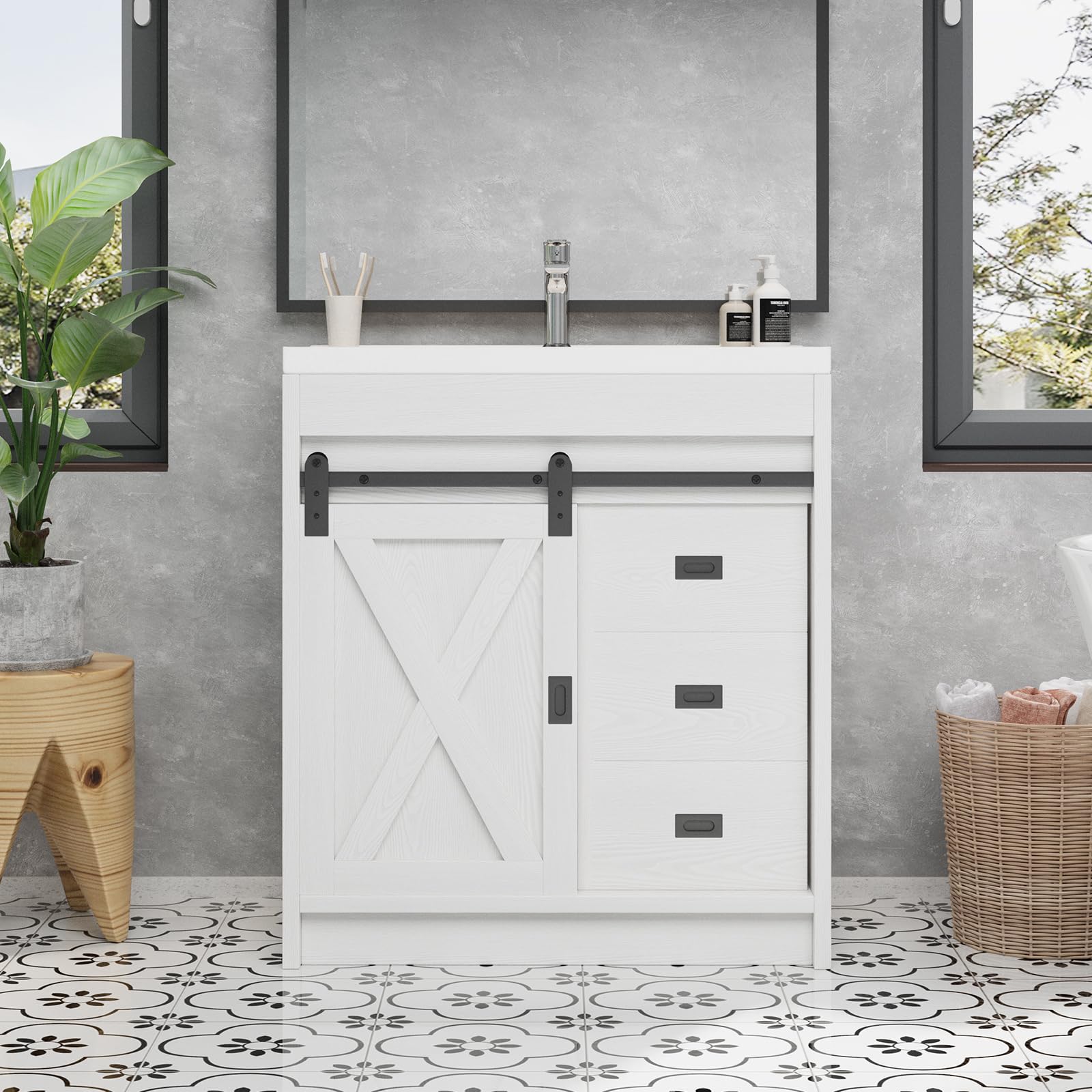Farmhouse Bathroom Vanity with Sink, White Bathroom Vanity Cabinet with 3 Drawers