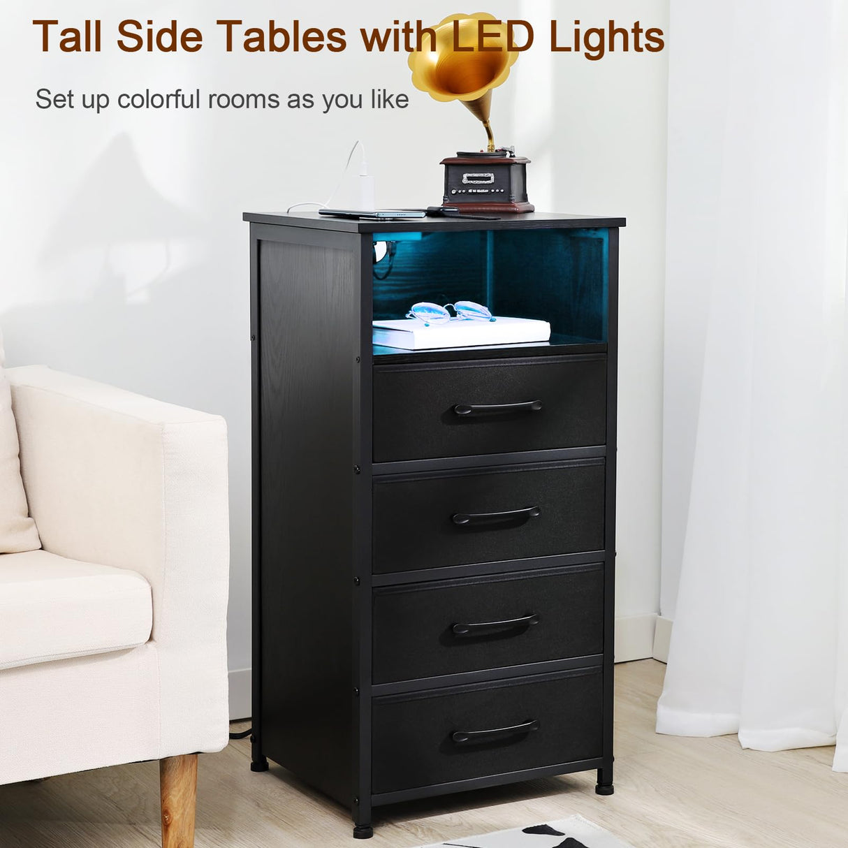 Night Stand Set 2, Tall Nightstand with Charging Station, Dresser for Bedroom