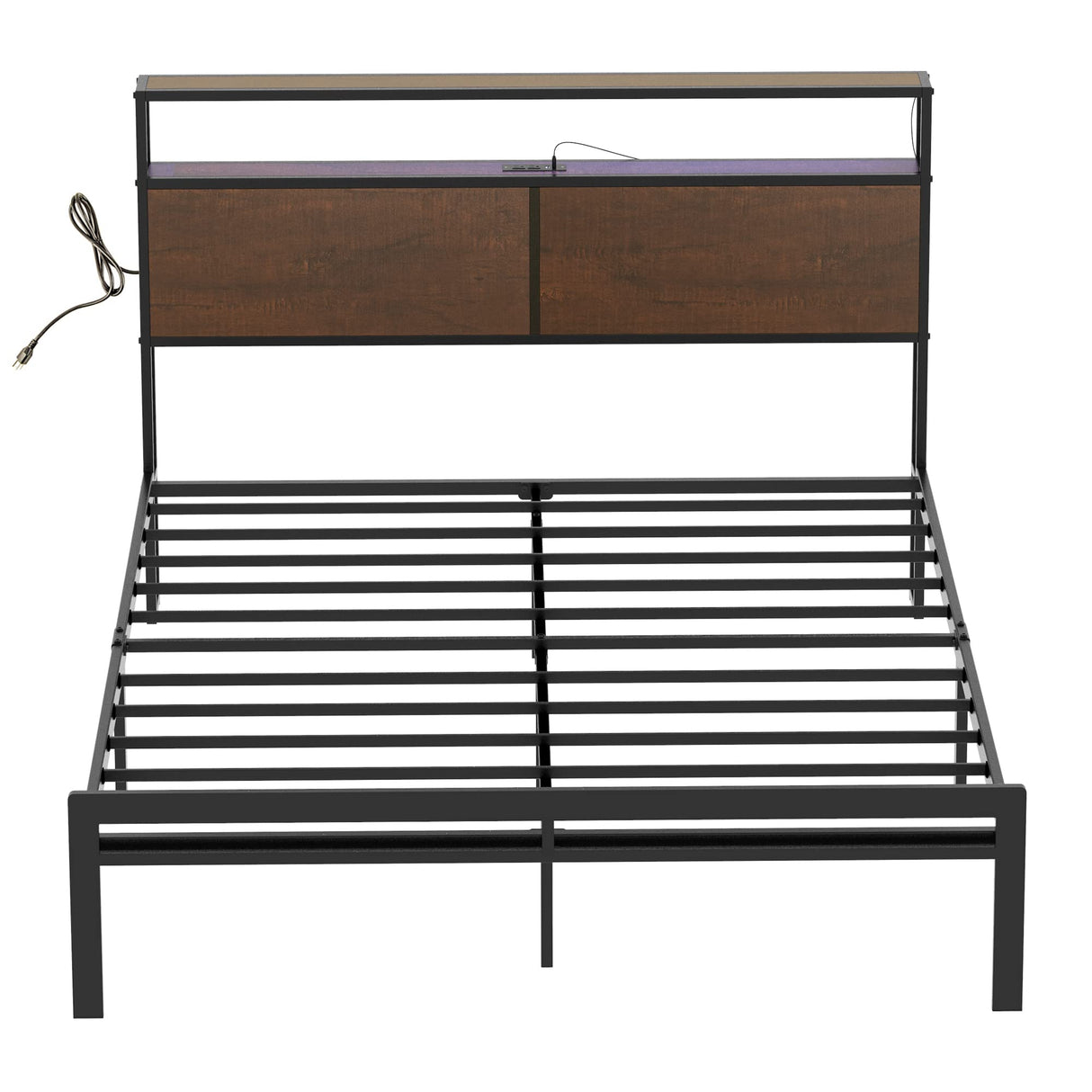 Full Bed Frame with Storage Headboard Metal Platform Bed with LED Lights USB Ports