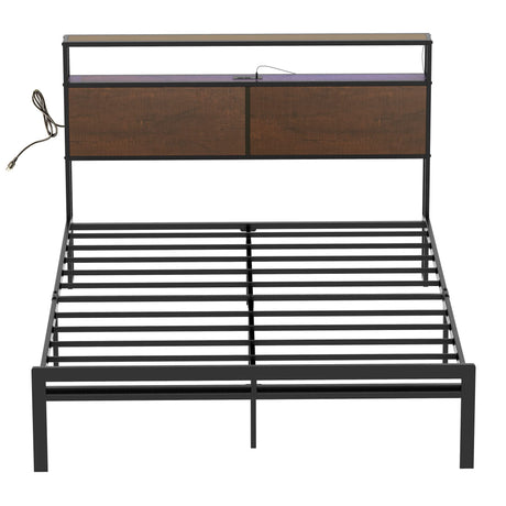 Full Bed Frame with Storage Headboard Metal Platform Bed with LED Lights USB Ports