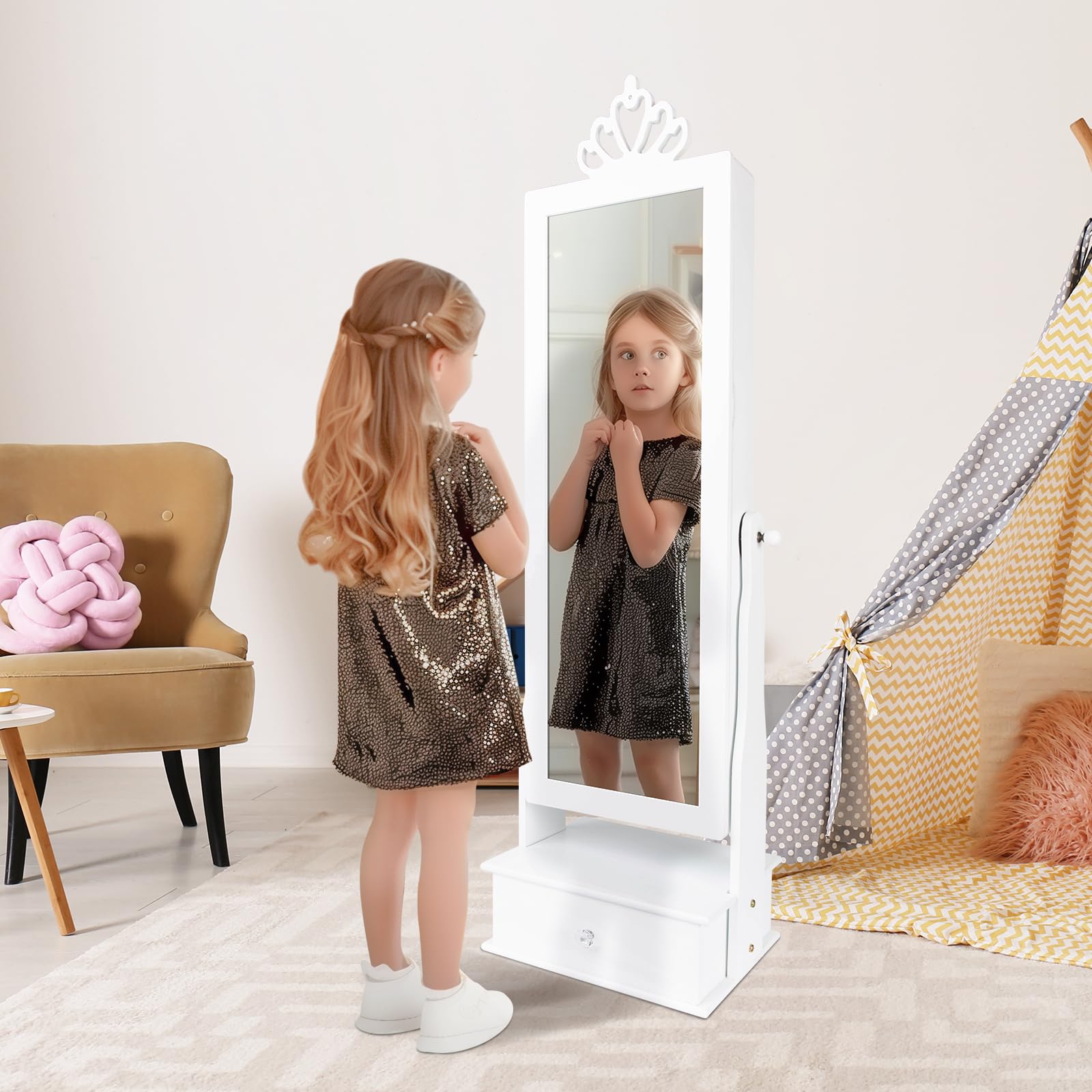 Kids Jewelry Armoire Cabinet, Jewelry Organizer with Standing Full-Length Mirror