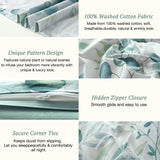 MILDLY Duvet Cover Leaf Pattern- 100% Washed Cotton Eucalyptus Printed Sage Green Comforter Cover Linen Feel Bedding Set with Zipper Closure 4 Ties Queen Size