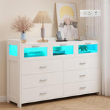 Whalefall White Dresser for Bedroom with 7 Drawers, Chests of Drawers with LED Lights and Charging Station, Modern Dresser with 3 Visual Drawers, Wood Wide LED Dresser for Bedroom, Closet, Entryway