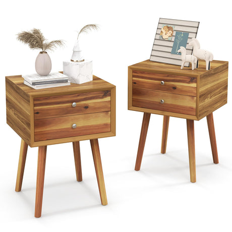 Nightstand with 2 Drawers Set of 2, Mid Century Modern Bedside Table with Solid Wood