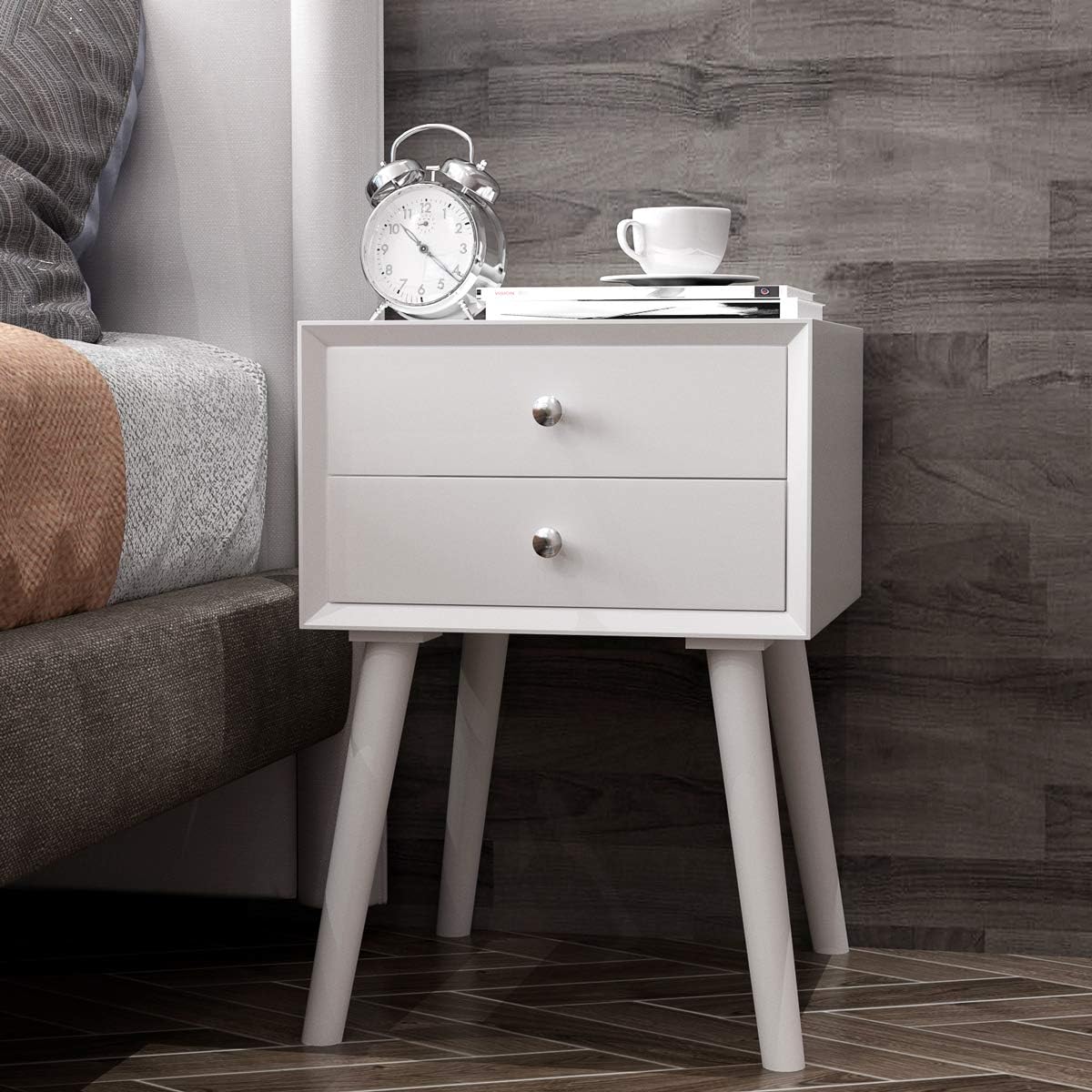 Wooden Nightstand Mid-Century End Side Table Bedroom W/2 Storage Drawers White