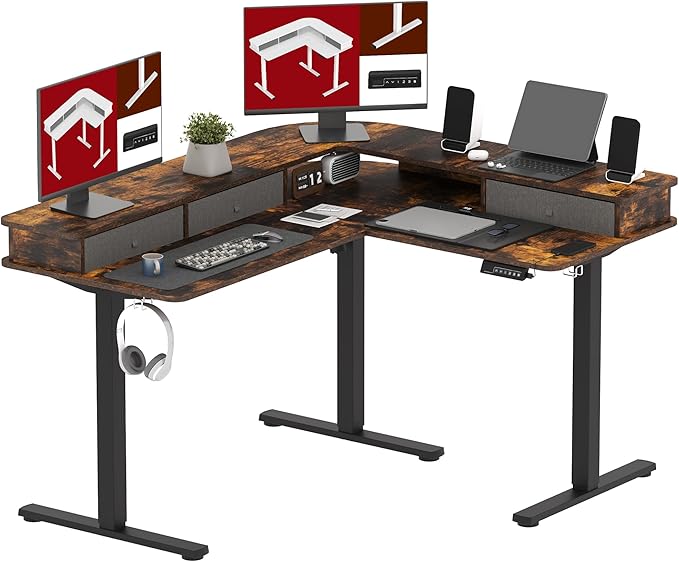 63" L Shaped Standing Desk with 3 Drawers, Height Adjustable Stand up Desk